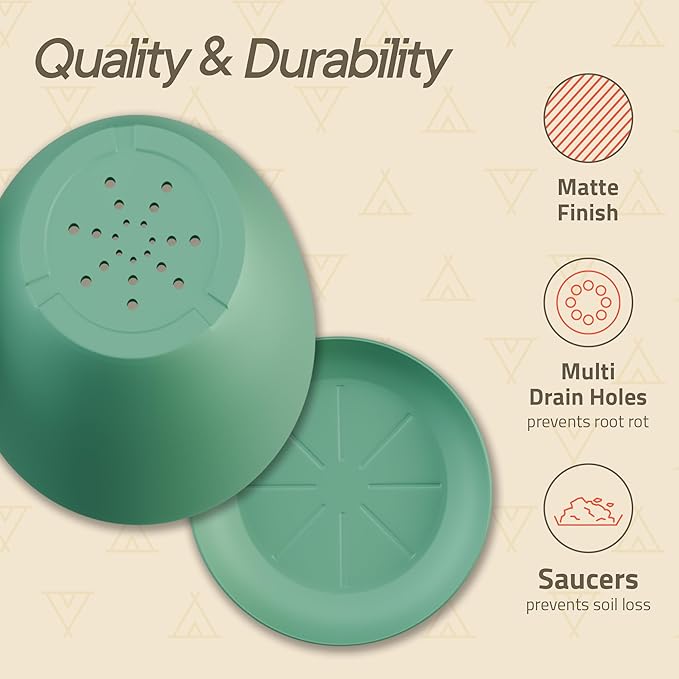 Planter Pots with Drainage Holes - Lightweight, Durable, & Space-Saving Pots for Indoor and Outdoor - Versatile Functionality, Simple Modern Design, Set of 3 Plastic Planter Pots Mint