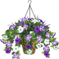 Artificial Flowers Hanging Baskets for Outdoors, 5PCS UV Resistant Faux Outdoor Plants, Fake Petunias Silk Flowers for Garden Balcony Yard Porch Decor (White Green Purple)