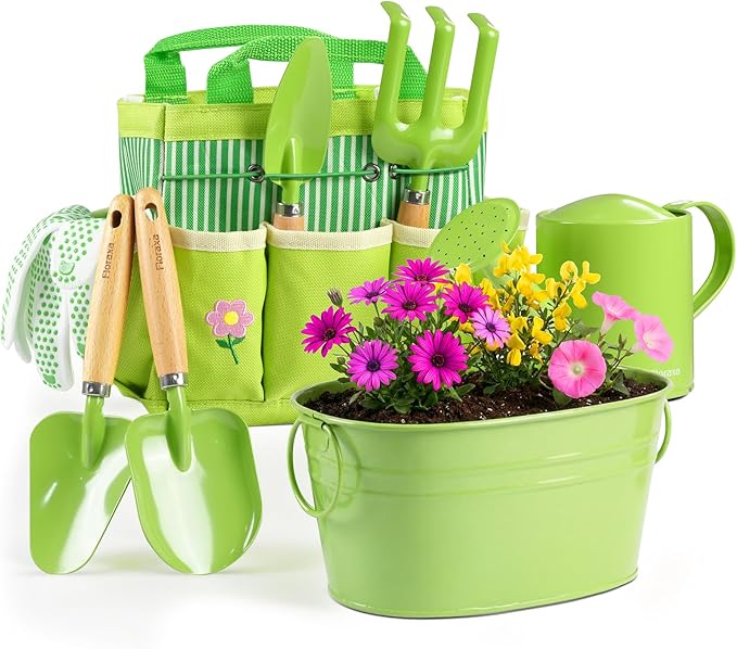 8Pcs Kids Gardening Set with Metal Basket & Real Metal Tools, STEM Outdoor Kit, Ergonomic Wooden Handles, 3 Shovels, Rake, Watering Can, Gloves, Tote Bag, Gift for Toddler Boys Girls, Green