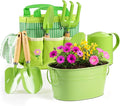 8Pcs Kids Gardening Set with Metal Basket & Real Metal Tools, STEM Outdoor Kit, Ergonomic Wooden Handles, 3 Shovels, Rake, Watering Can, Gloves, Tote Bag, Gift for Toddler Boys Girls, Green