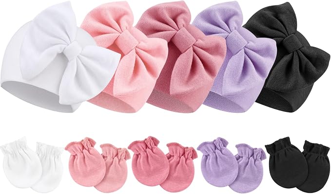 BQUBO Newborn Baby Girls Hats Mittens Set Hospital Hat Beanie Infant Bow Hats Baby Cotton Gloves for 0-6 Months