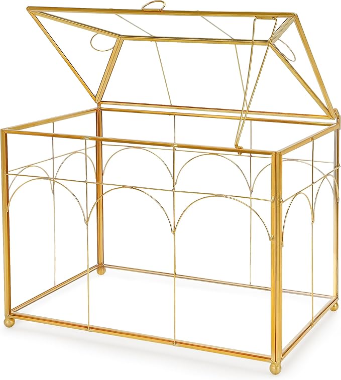 REDHUGO Handmade Glass Planter Terrarium with Lid, Indoor Tabletop Centerpiece Display Box Modern Decor DIY Gift Plant Terrarium Container for Succulent Cacti Air Plants Flower (Gold)
