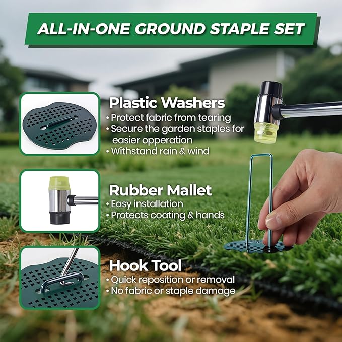 150Pcs Garden Staples +150Pcs Gasket +Pick Hook +Rubber Mallet, 6 Inch Landscape Fabric Stakes Galvanized Weed Barrier Stakes 11 Gauge Landscape Pins U Shape Lawn Staples for Yard, Sod, Turf, Green