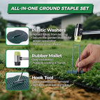 6 Inch Landscape Fabric Staples, 100Pcs Garden Stakes Galvanized +100Pcs Gasket +Pick Hook +Rubber Mallet, U Shaped Weed Barrier Stakes 11 Gauge Lawn Staples Landscape Pins for Yard, Sod, Weed Mat