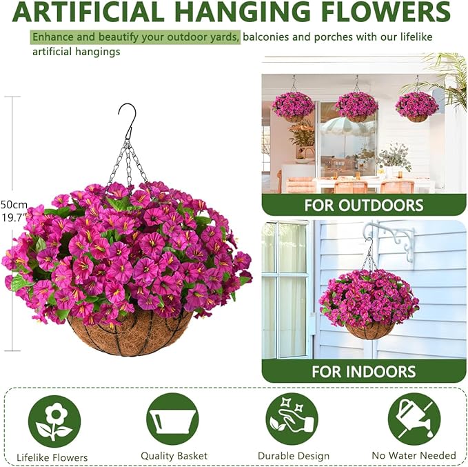 Homsunny Artificial Hanging Flowers Plants with Basket for Outdoors - Fake Petunias Flowers Fake Silk Morning Glory Planter for Outside Porch Patio Balcony Garden Spring Summer Decor(Purple red)