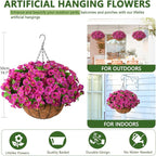 Homsunny Artificial Hanging Flowers Plants with Basket for Outdoors - Fake Petunias Flowers Fake Silk Morning Glory Planter for Outside Porch Patio Balcony Garden Spring Summer Decor(Purple red)