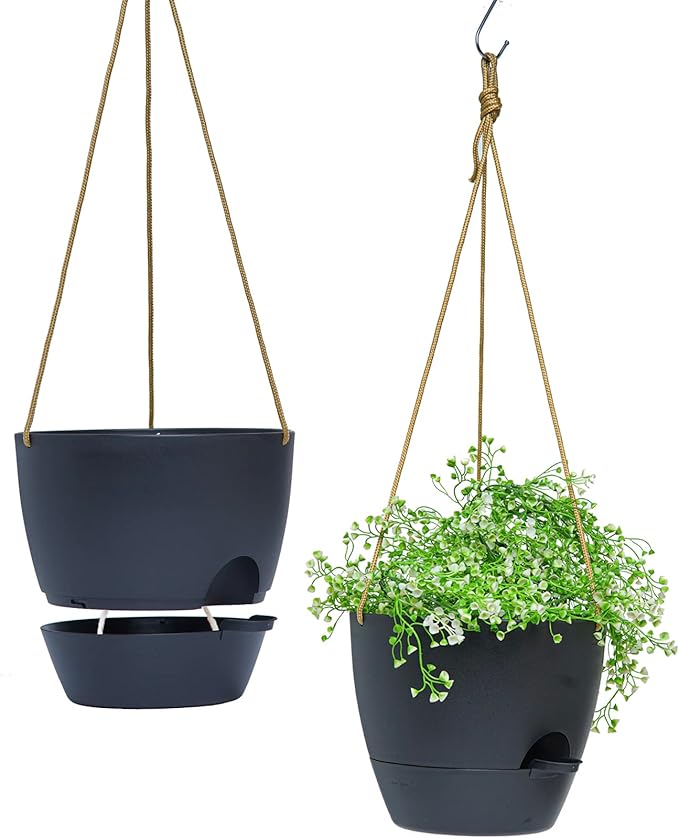 SwinDuck 8 inch Hanging Planters, 2 Pack Self Watering Hanging Pots with 20oZ Deep Reservoir for Indoor Outdoor Plants Flowers, Black