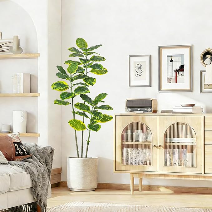 Ficus Tree Artificial Plants Indoor, 5FT Tall Fake Trees in White Pot, Large Potted Silk Floor Plant Artificial Trees, Green Lifelike Faux Ficus Tree for Home Room Office Porch Decor-Yellow