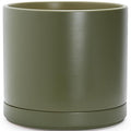 D'vine Dev 16 Inch Ceramic Planter Pot with Drainage Hole and Saucer, Indoor Cylinder Round Planter Pot, Olive, 94-O-H-J