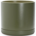 D'vine Dev 16 Inch Ceramic Planter Pot with Drainage Hole and Saucer, Indoor Cylinder Round Planter Pot, Olive, 94-O-H-J