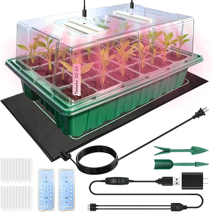 Seed Starter Tray with Grow Light and Heat Mat, Seed Starter Kit with Humidity Dome and Timing Controller, Adjustable Vent and Brightness, Ideal Germination Tray for Seed Starting and Seedling Growing