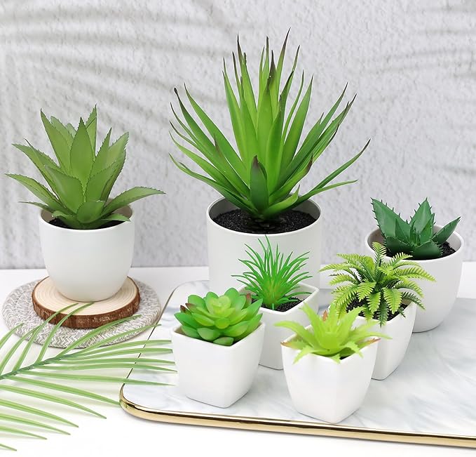 7 Pack Small Fake Plants Artificial Succulent Plants in White Pots Artificial Greenery for Room Home Bathroom Bedroom Office Modern Decor