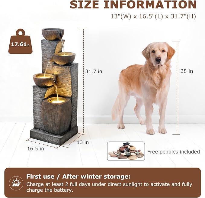 38.2" Tall Solar Water Fountain Outdoor Garden,4 Tiers Modern Cascading Bowls and Stacked Stones Solar Powered Fountains with LED Lights for Garden, Patio, Deck, Porch, Backyard, Lawns
