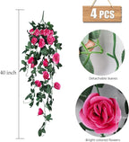 RECUTMS 4 Pack Artificial Plants Fake Hanging Flowers Faux Ivy Vines with LED Fairy Lights Plastic Outdoor UV Resistant for Home Window Garden Office Patio (Rose red)