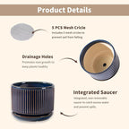 Navy Blue Ceramic Plant Pots Set of 3, 4.3+5.5+6.7 Inch Indoor Flower Pots with Drainage Hole & Saucer & Hole Mesh Pads, Striped Decorative Planter Set for Indoor Plants, Gardening Pots & Accessories
