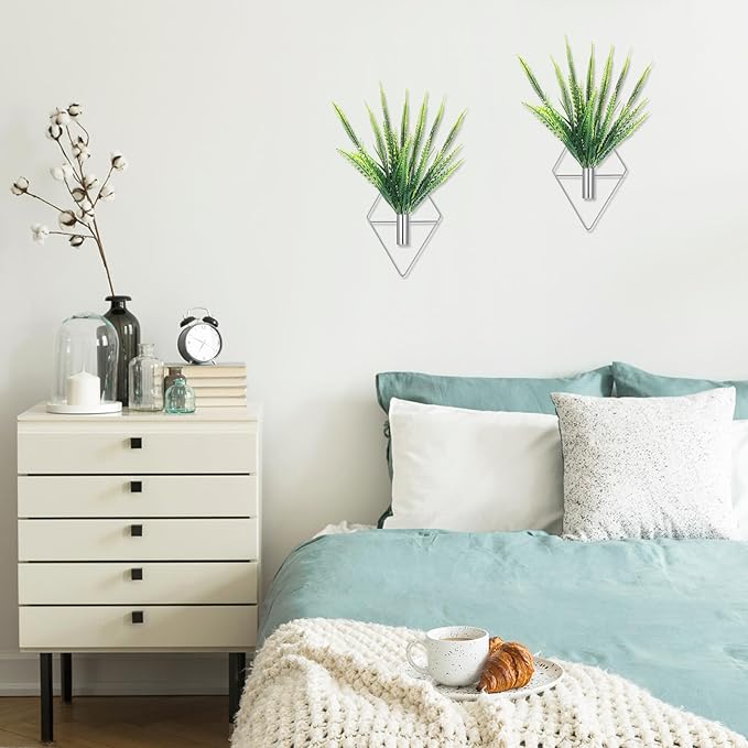 Canlierr 2 Pieces Wall Decor Hanging Planters with Artificial Plants Metal Hanging Vase Indoor Plants Holder Modern Boho Wall Art for Bathroom Bedroom Living Room Decor(Silver,Boston Fern)