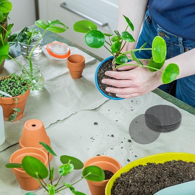 60 Pcs 4 inch Round&Square Flower Pot Hole Mesh Pad Plant Drainage Screens Gasket Bonsai Pot Bottom Grid Mat Mesh for Bottom of Planters Stop Soil from Falling Out