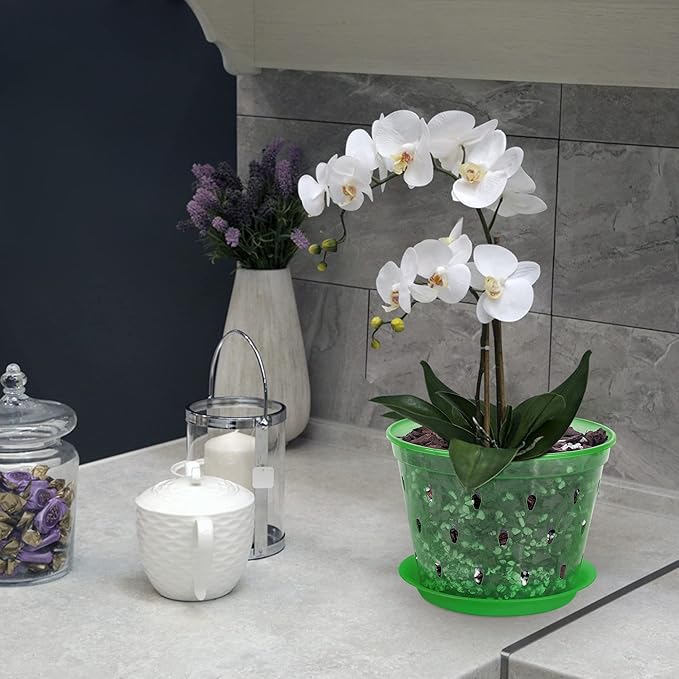Orchid Pot, 6.7 Inch 8 Pack Orchid Pots with Holes and Saucers,Plastic Orchid Planter - Green Emerald