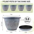 Fodetyff 14 Inch Large Planter Pot for Plants Indoor Outdoor, 4 Pack Plastic Flower Pots with Drainage Hole & Tray, Modern Decorative Garden Pot with Saucer, Plant Container for House