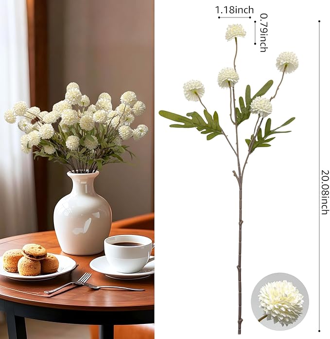 Artificial Flowers 10 Pcs Faux Silk Pompon Mum, Bulk Fake Flowers Mini Chrysanthemums with Stems for DIY Bouquet Centerpieces Wedding Fillers Champagne Arrangements Room Decor, White