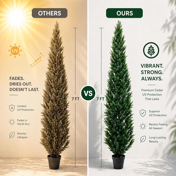7 Feet Outdoor Artificial Topiary Cedar Tree, Set of 2 UV Resistant Potted Faux Cedar Trees for Outdoors and Indoors, Decorative Fake Shrubs Topiary Trees for Home Living Room Front Door Decor