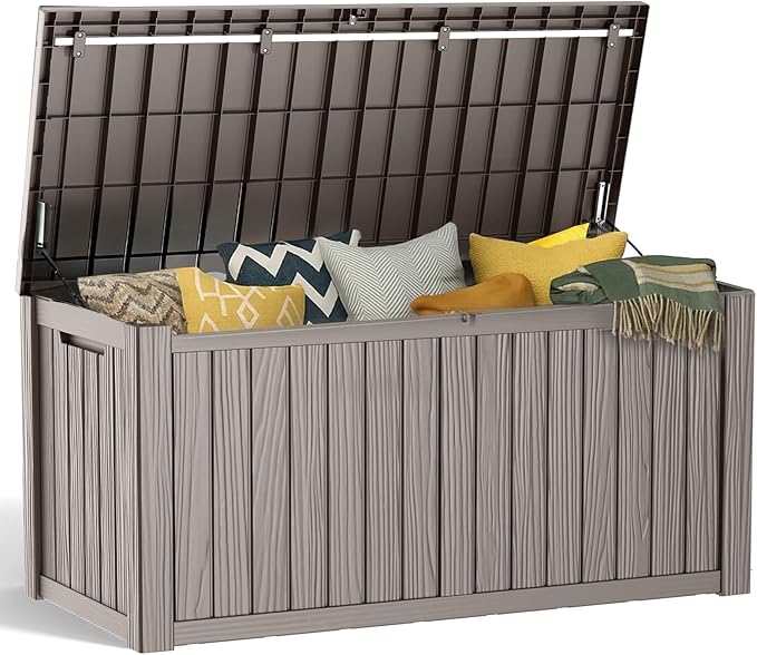 PatioZen 180 Gallon Resin Deck Box, Lockable Patio Outdoor Storage Box for Furniture, Garden Tools and Tools Storage, Waterproof Outside Storage Boxes - Grey
