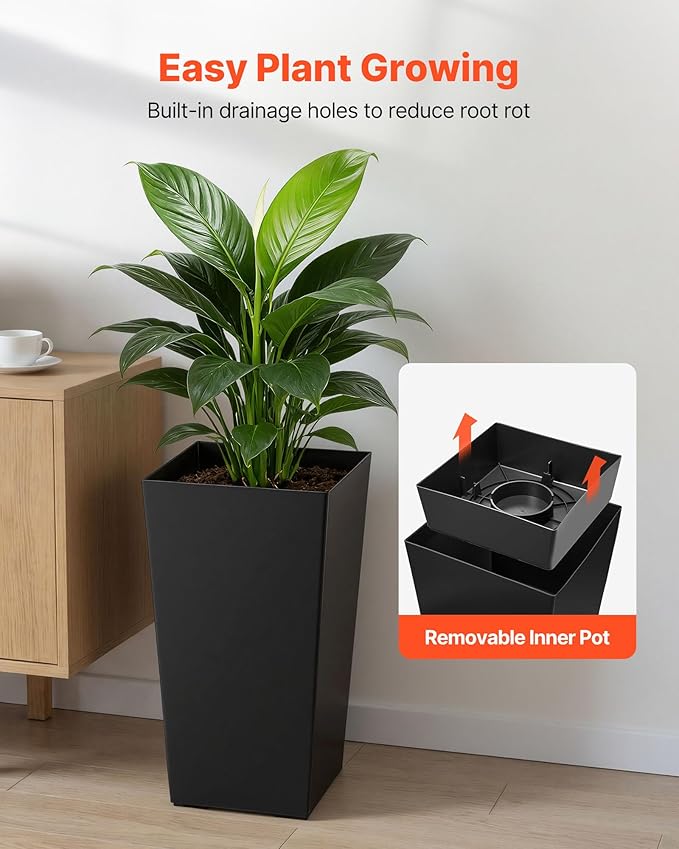 VEVOR Set of 2 Tall Planters for Outdoor Plants 22 inch, Black Tall Planter for Indoor Plants, Modern Planters for Front Porch Patio Balcony, Plant Container Flower Pots