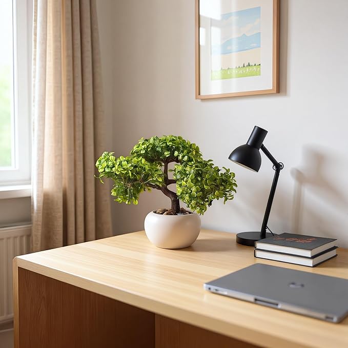9.5 Inch Artificial Bonsai Tree with Ceramic Pot - Decorative Fake Plant for Home Office Living Room Window Sill, Fake Plants for Year-Round Decoration（White）