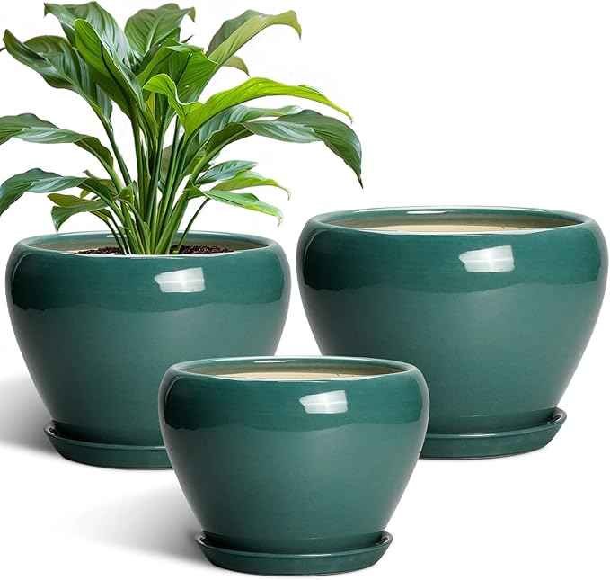Ceramic Pots for Plants, 10+8+6 Inch Ceramic Plant Pot for Indoor Outdoor Plants, Round Indoor Flower Pots with Drainage Holes and Saucers, Garden Decor, Gift for Women, Set of 3, Dark Green
