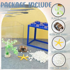 Small Betta Fish Tank, Stackable Mini Fish Tank Tiny Aquarium Tank Kit with Aquarium Gravel & Resin Decorations, 0.6 Gallon Cube Desktop Fishbowl for Snails, Crabs, Starfish (Blue)