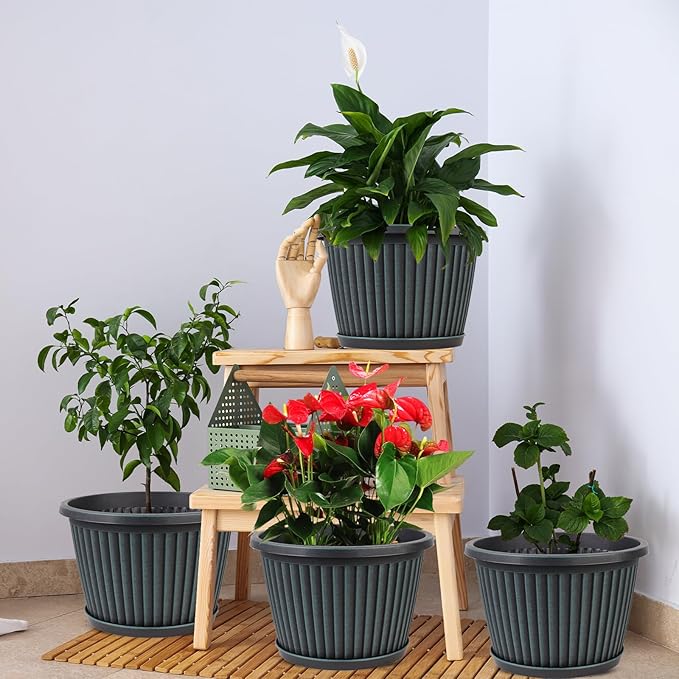 Myfeegoin Planter-Pots-for-Plants-Indoor-Outdoor, 4 Pack 10 Inch Plastic Flower Pots with Saucer & Drainage Holes, Modern Garden Planters for Planting Medium Large Plants，Decorative Resin Garden Pots