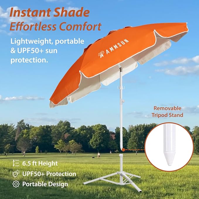 AMMSUN Shade Umbrella, Premium Portable Umbrella with Stand, 6.5ft Lightweight Free Standing Canopy for Sporting Games, Adjustable Instant Sun Protection and Easy to Carry, Orange