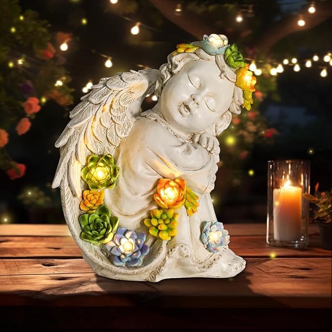 Solar Cherub Angel Outdoor Garden Decor Statues - 8 inches Angel Figurines Outdoor Sculptures with Succulent, Garden Statues for Outside, Patio, Balcony, Lawn Ornaments or Housewarming Gift