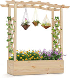 Giantex Raised Garden Bed with Trellis & Hanging Roof, Wooden Elevated Planter Box with Drainage Hole, Freestanding Gardening Planter Raised Bed for Flowers Herbs Climbing Plants Vines, 44”x14”x45”