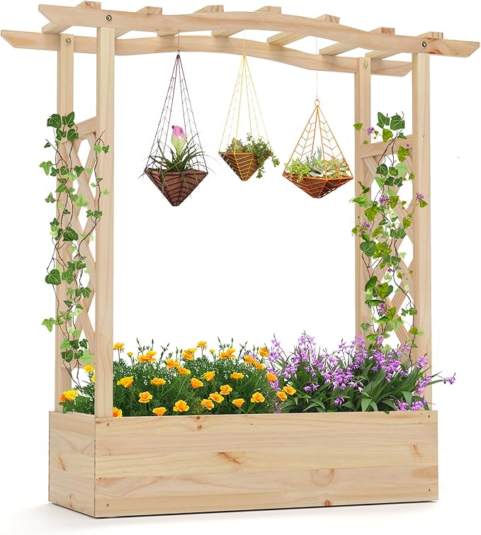 Giantex Raised Garden Bed with Trellis & Hanging Roof, Wooden Elevated Planter Box with Drainage Hole, Freestanding Gardening Planter Raised Bed for Flowers Herbs Climbing Plants Vines, 44”x14”x45”