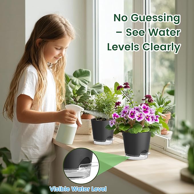 Meowell 5 inch Self Watering Flower Pots for Indoor Plants, 5 Pack Small Plant Pots with Drainage Holes & Clear Reservoir for Visible Water Level, Plastic Wicking Planter Pots for House Plants, Black