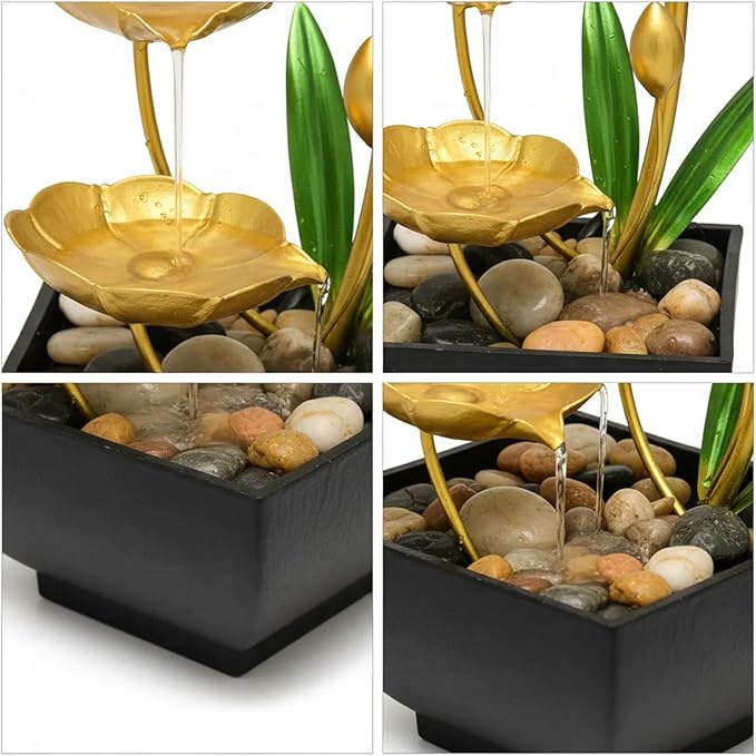 11‘’ H Gold Tabletop Water Fountain, Zen Desktop Waterfall, Indoor Lotus Desktop Decorative Fountain, Home Bathroom Bedroom Decor.