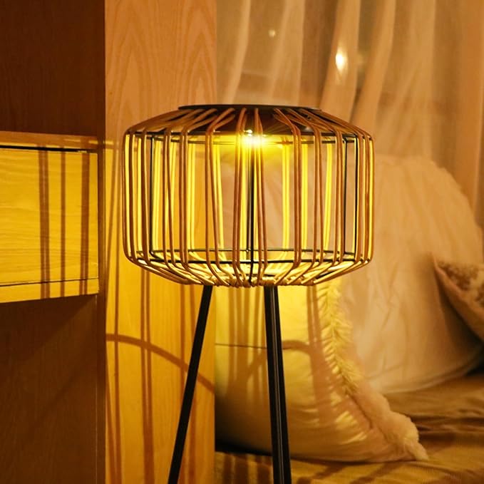 Outdoor Solar Rattan Floor Lamp with Plant Stands, Outdoor Patio Decor Plant Stand for Garden Porch Yard Pathway Driveway Porch