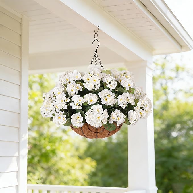 INSPRING Geraniums Artificial Flowers Hanging Basket for Outdoors Outside Spring Decoration, 8 Bundles Silk Flowers Fake Plants Look Real UV Resistant for Porch Home Patio Balcony Yard, White