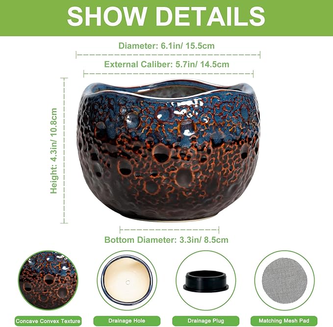 6 Inch Plant Pot - Ceramic Pots for Indoor Outdoor Plants, Round Decorative Planters with Drainage Hole and Plug, Unique Flower Pots, Home Office Decor, Gardening Gifts for Women, Brown-blue