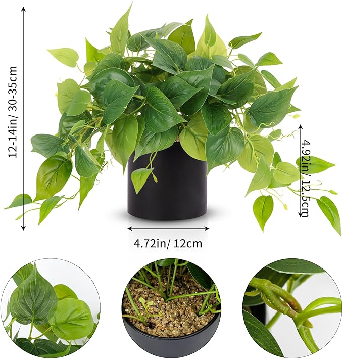 JPSOR Artificial Indoor Plants for Home Decor, 12 inches Pothos in Black Ceramic Pot with Iron Wire, 1 Count