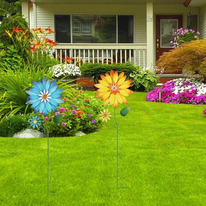 YEAHOME Garden Decor for Outside, 35.4“ Set of 2 Metal Flowers Decorative Garden Stakes for Spring Decor, Yard Art Flower Stakes for Outdoor Lawn Backyard Porch Garden Decorations (Yellow, Blue)