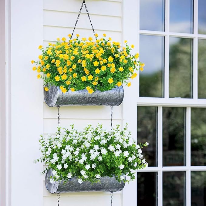 24 Bundles Outdoor Artificial Flowers UV Resistant Fake Boxwood Plants, Faux Greenery for Indoor Outside Hanging Plants Garden Porch Window Box Home Wedding Farmhouse Décor (Yellow)