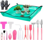 Melphoe 25Pcs Mini Garden Hand Transplanting Succulent Tools Set, 39.4" Thickened Repotting Mat & Plant Tag, Miniature Planting Indoor Fairy Care, Potting, Cactus, Houseplant Bonsai Tool Kit (Pink)