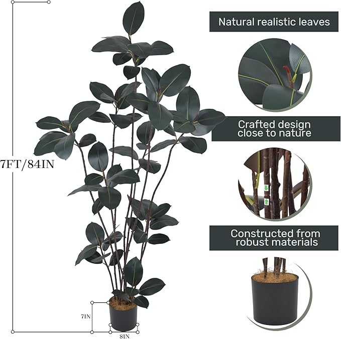 Artificial Rubber Tree 7.2FT(86in) Tall Faux Trees with Realistic Leaves, Fake Rubber Floor Potted Artificial Plants for Home Office Living Room Indoor Outdoor Decor (7.2feet,1Pack)