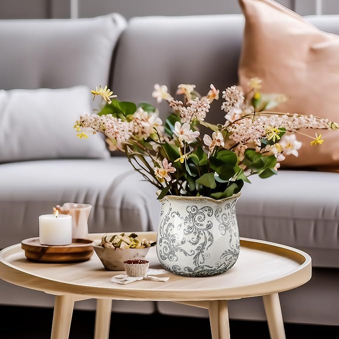 3 Pcs Ceramic Pots for Plants - 5.7 in Vintage Scroll Plant Pots with Drainage Hole Crackle Glaze Ceramic Planters for Home, Garden, Kitchen