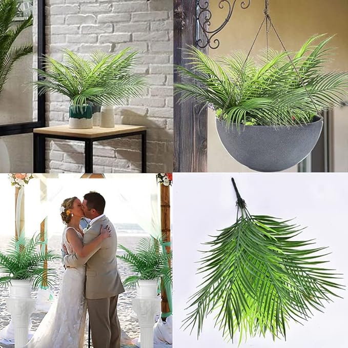 PASYOU Artificial Plants Fake Palm Tree Tropical Shrubs 4 Pack, Plastic Greenery Faux Big Leaves Stems Plant for Indoor Outdoor Home Garden Decor Bedroom Wedding Party DIY Filler Decoration