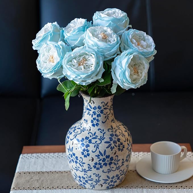 DUYONE Fake Flowers for Decoration Home Decor Artificial Flowers Austin Rose Peony Latex Fake Flower Living Room Decoration Vivid Pink Roses Peonies (Ice Blue 4pcs)