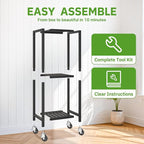 KMOTASUO 3 Tier Black Tall Plant Stand with Wheel for Indoor Outdoor, Heavy Duty Metal Multiple Large Planter Rack for Narrow Corner, Sturdy Iron Vertical Flower Holder for Modern House Patio Bathroom