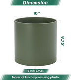 D'vine Dev 10 Inch Plastic Planter Pots for Plant Pot with Drainage Hole and Seamless Saucers, Olive, 74-X-I-2
